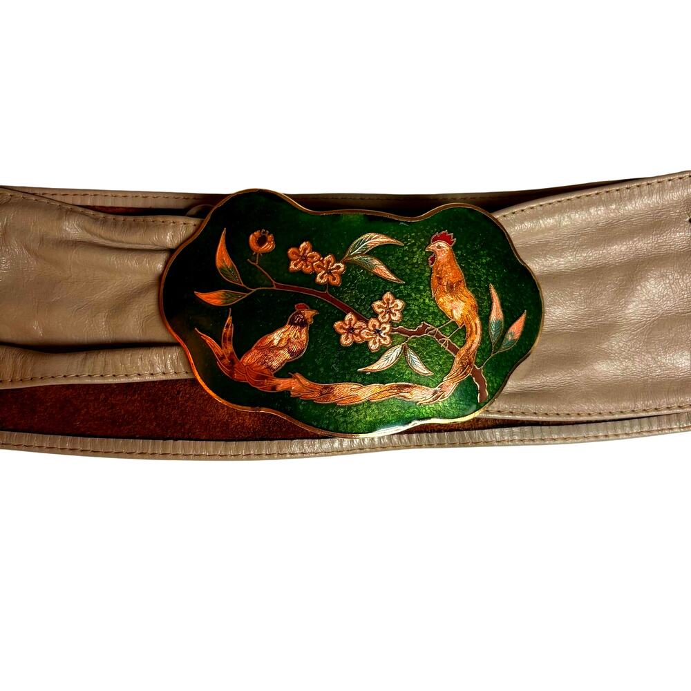 Maureen Elaine Belt Cloisonne Bird Buckle Leather Adjustable Women's Size M
